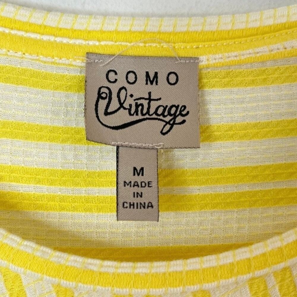 Como Vintage Womens Knit Top M Yellow Striped Short Sleeve Asymmetric Button Hem - Picture 7 of 9